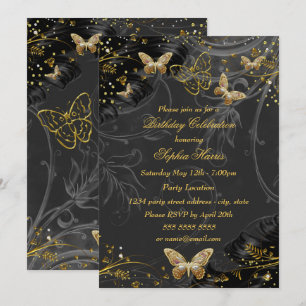Invitación Cumpleaños de mariposa negra de oro brillante