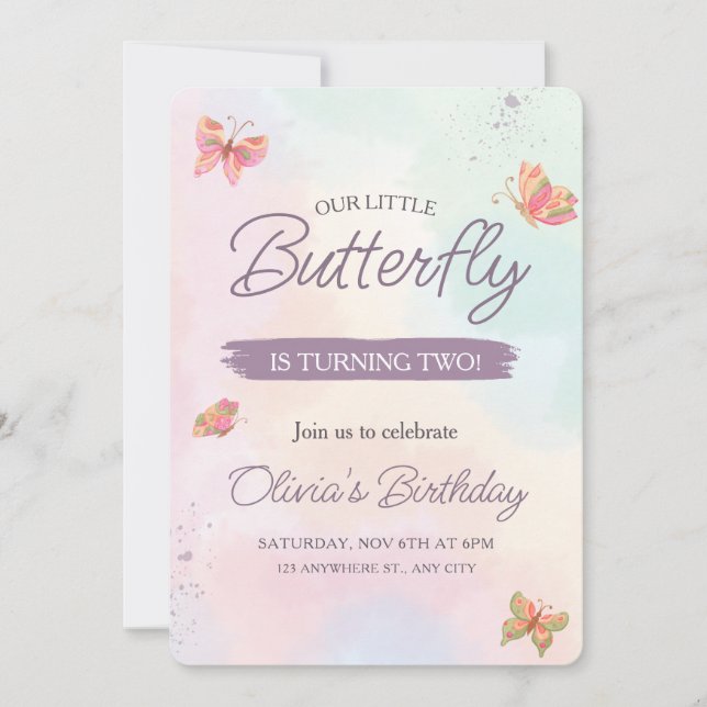 Invitación Cumpleaños de Mariposa Pastel Mariposas Fiesta de  (Anverso)