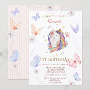 Invitación  Cumpleaños de Mariposas de Unicornio Floral Rayad