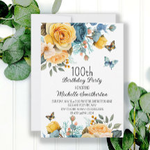 Cumpleaños de mariposas florales azul amarillento 