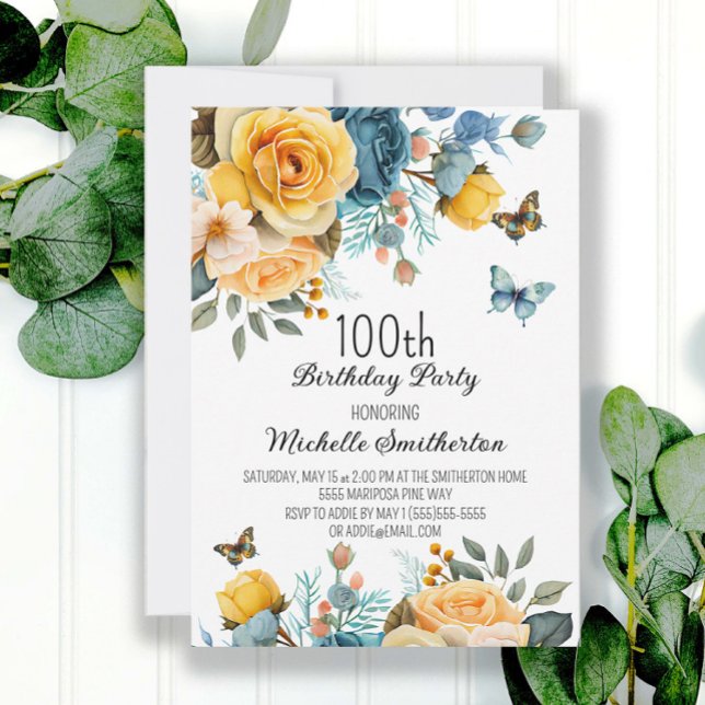 Invitación Cumpleaños de mariposas florales azul amarillento  (Subido por el creador)