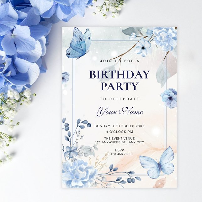 Invitación Cumpleaños de mariposas florales azules (Subido por el creador)