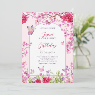 Invitación Cumpleaños de mariposas florales rosadas