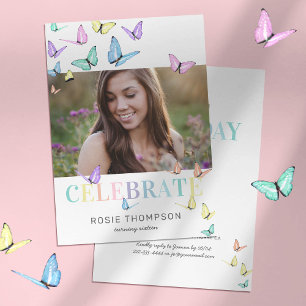 Invitación Cumpleaños de Mariposas Pastel Arcoíris Foto Fiest