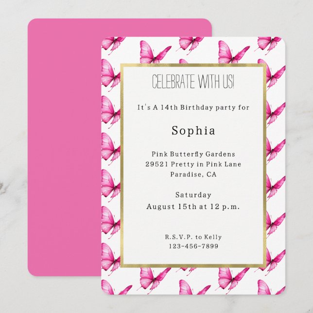 Invitación Cumpleaños de mariposas rosadas chic femeninas (Anverso / Reverso)