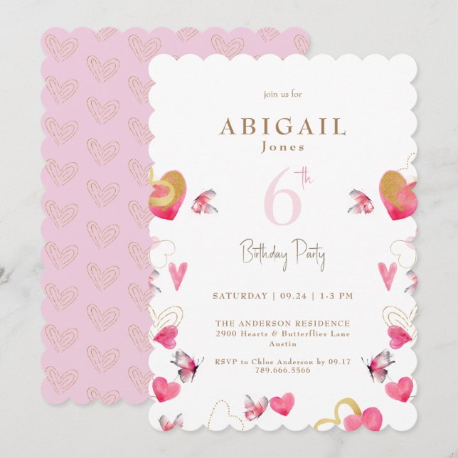 Invitación Cumpleaños de Mariposas Rosadas y Corazones II (Anverso / Reverso)