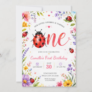 Invitación Cumpleaños de Mariquita con Acuarela y Flores Silv