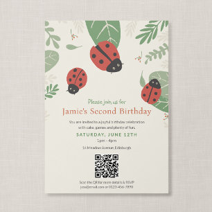 Invitación Cumpleaños de mariquita con código QR ilustrado