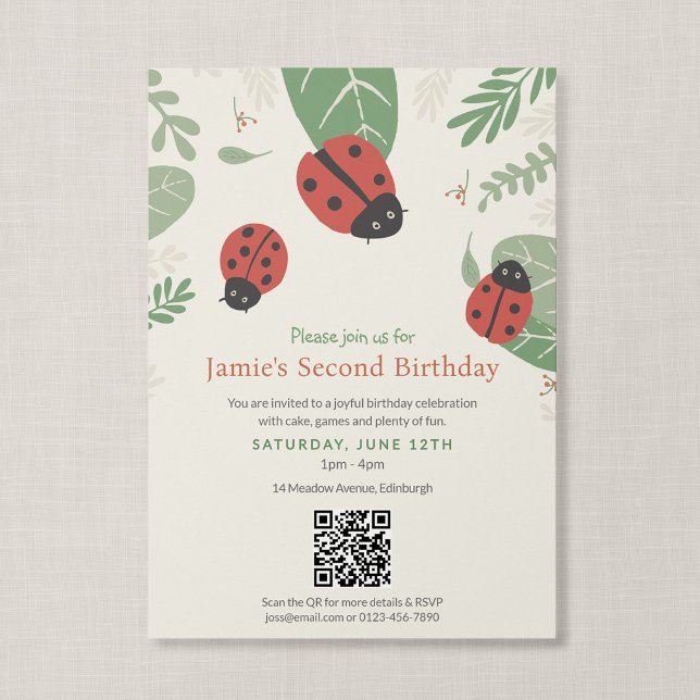 Invitación Cumpleaños de mariquita con código QR ilustrado (Ladybird Meadow - 5x7" Invitation with QR Code)