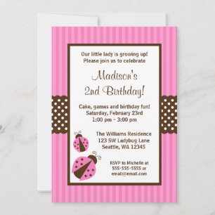 Invitación Cumpleaños de mariquita de rayas de lunares rosa y