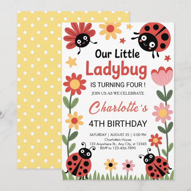 Invitación Cumpleaños de mariquita floral (Anverso / Reverso)