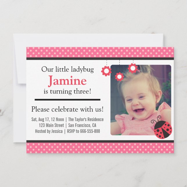 Invitación Cumpleaños de mariquita linda y puntos foto (Anverso)