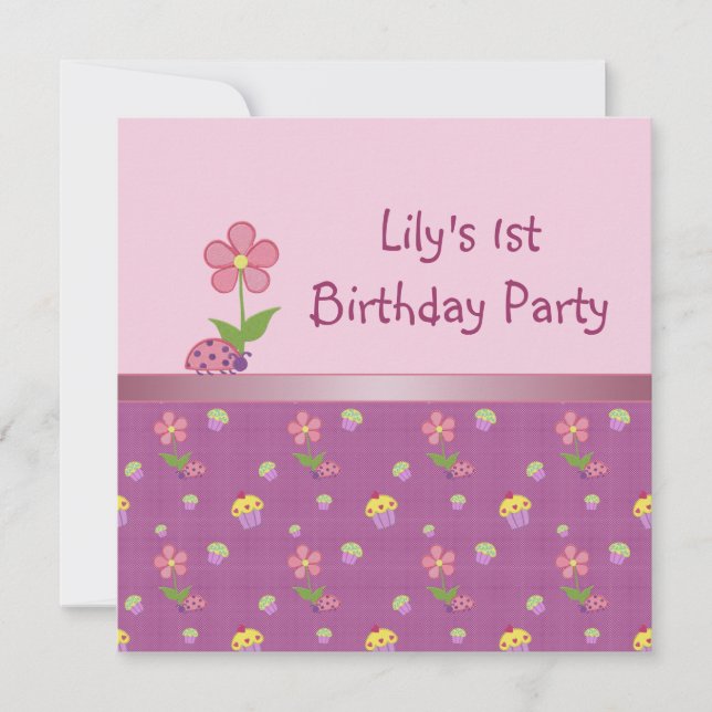 Invitación Cumpleaños de Mariquita Rosa y Cupcake (Anverso)