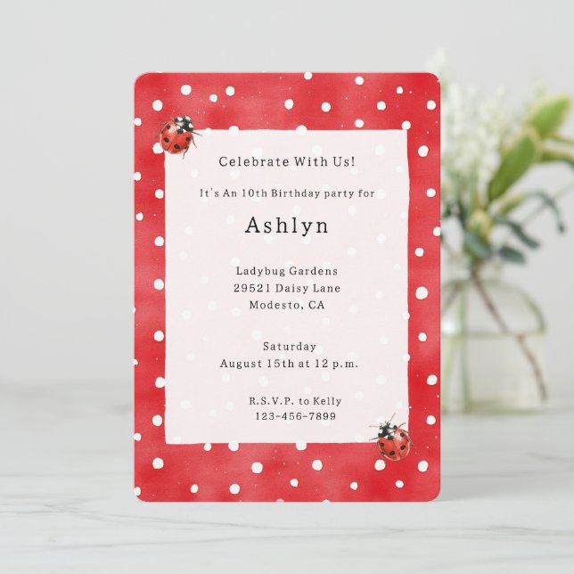 Invitación Cumpleaños de mariquitas   (Anverso de pie)