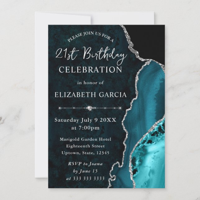 Invitación Cumpleaños de mármol de ágata con brillo teal y pl (Anverso)