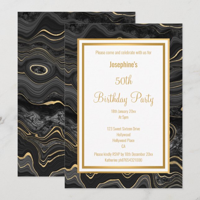 INVITACIÓN CUMPLEAÑOS DE MÁRMOL DE ORO ELEGANTBLACK (Anverso / Reverso)
