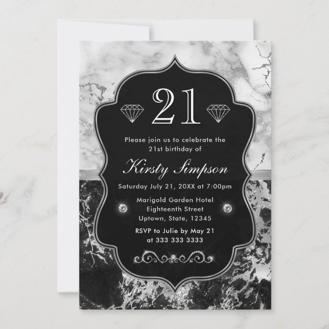 Invitación Cumpleaños de mármol negro, blanco y plateado mode (Anverso)
