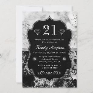Invitación Cumpleaños de mármol negro, blanco y plateado mode