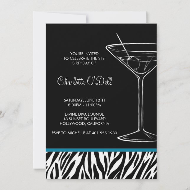 Invitación cumpleaños de martini del estampado de zebra (Anverso)