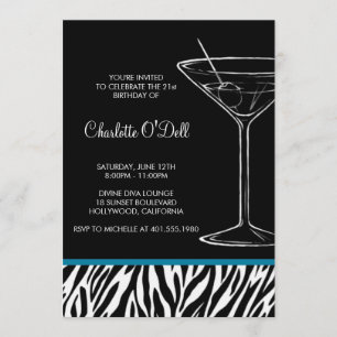 Invitación cumpleaños de martini del estampado de zebra