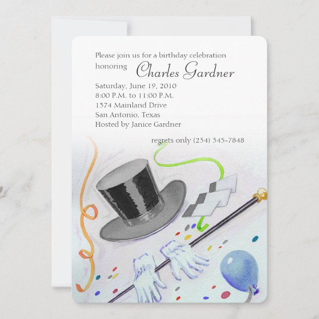 Invitación Cumpleaños de más sombrero y guantes (Anverso)