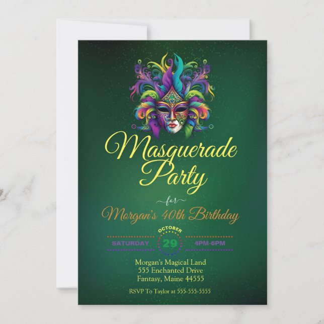 Invitación cumpleaños de máscara de mascarada (Anverso)