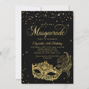 Invitación Cumpleaños de máscara de purpurina dorada negra fo