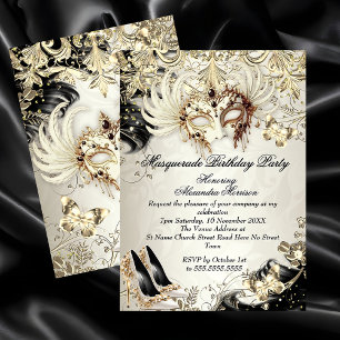 Invitación Cumpleaños de máscara Dorado Negro Crema Mariposa