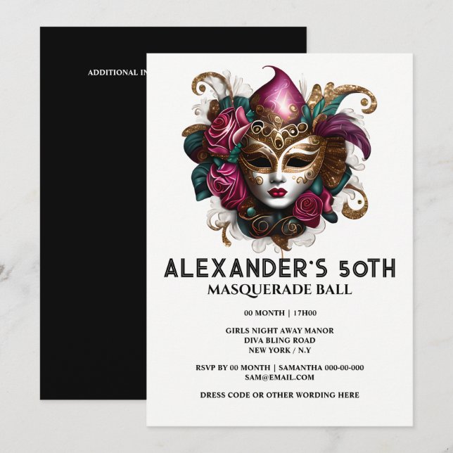 Invitación Cumpleaños de mascarada Máscara veneciana glamour  (Anverso / Reverso)