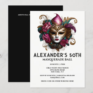 Invitación Cumpleaños de mascarada Máscara veneciana glamour