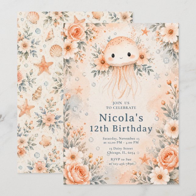 Invitación Cumpleaños de Medusa Floral (Anverso / Reverso)