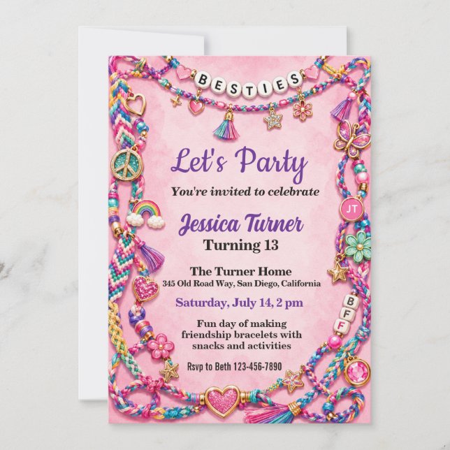 Invitación Cumpleaños de Mejores Amigas con Pulsera de Amista (Anverso)