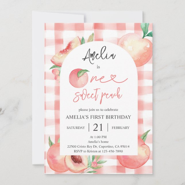 Invitación Cumpleaños de melocotón de 1 año (Anverso)