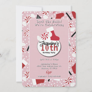 Invitación Cumpleaños de menta navideña retro rosa