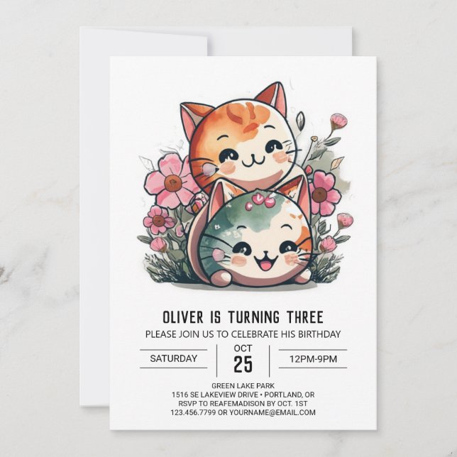 Invitación Cumpleaños de Meow Magic Watercolor (Anverso)