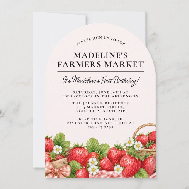 Invitación Cumpleaños de Mercado de Agricultores de Fresa Ado (Anverso)