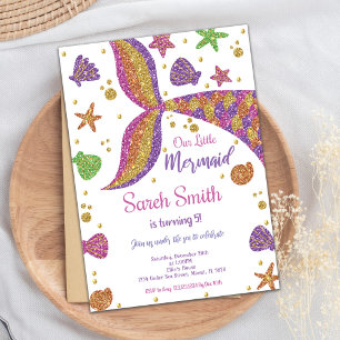 Invitación Cumpleaños de Mermaid Purpurina de Oro Rosado