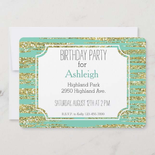Invitación Cumpleaños de Mint Gold Faux Purpurina Stripes (Anverso)