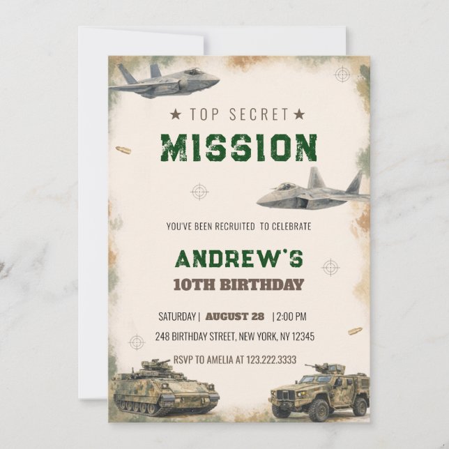 Invitación Cumpleaños de Misión Militar Top Secret de Acuarel (Anverso)