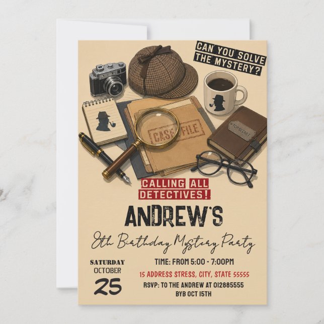 Invitación Cumpleaños de Misterio de Detective Personalizado (Anverso)