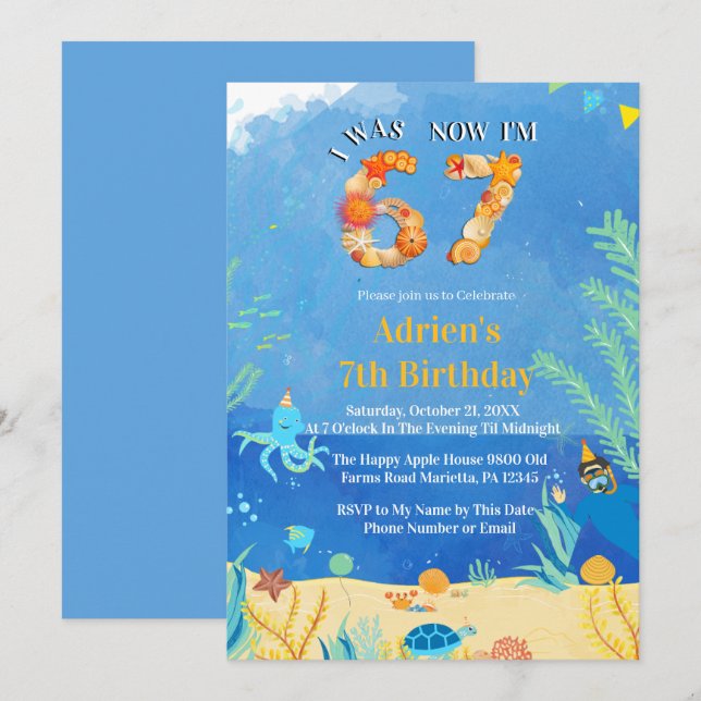 Invitación Cumpleaños de moda 6→7 Meme Bajo el Mar (Anverso / Reverso)