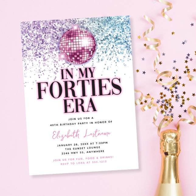 Invitación Cumpleaños de moda de la era disco de los cuarenta (Trendy Glitter Disco Forties Era 40th Birthday Invitation)