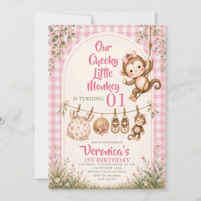 Invitación Cumpleaños de mono travieso rosa (Anverso)