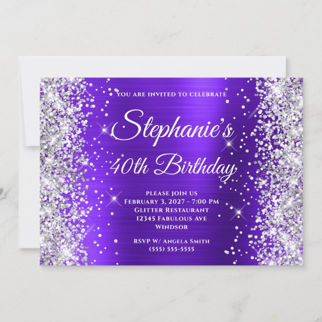Invitación Cumpleaños de Monograma Violeta con Brillo de Plat (Anverso)
