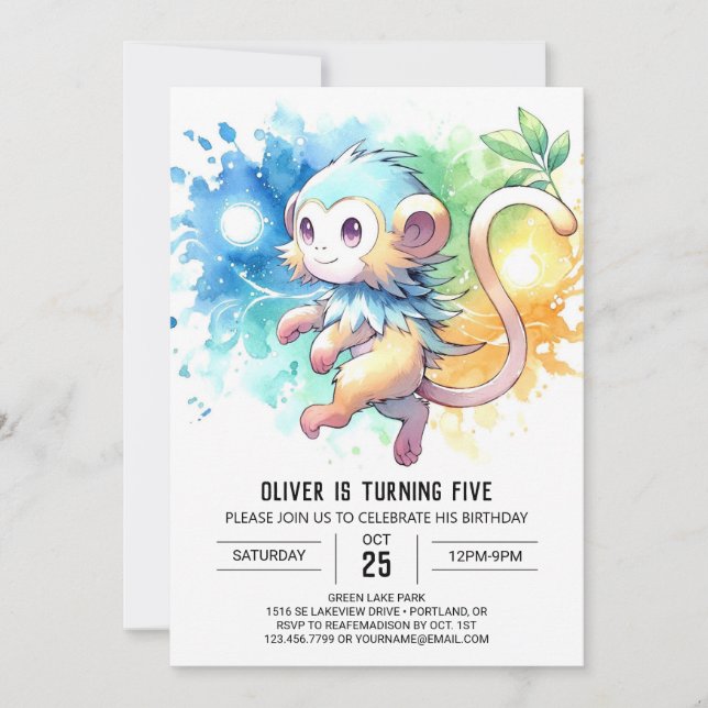 Invitación Cumpleaños de Monos Modernos y Editables (Anverso)
