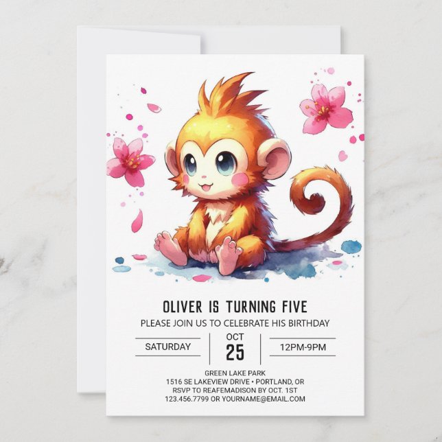Invitación Cumpleaños de Monos Modernos y Editables (Anverso)