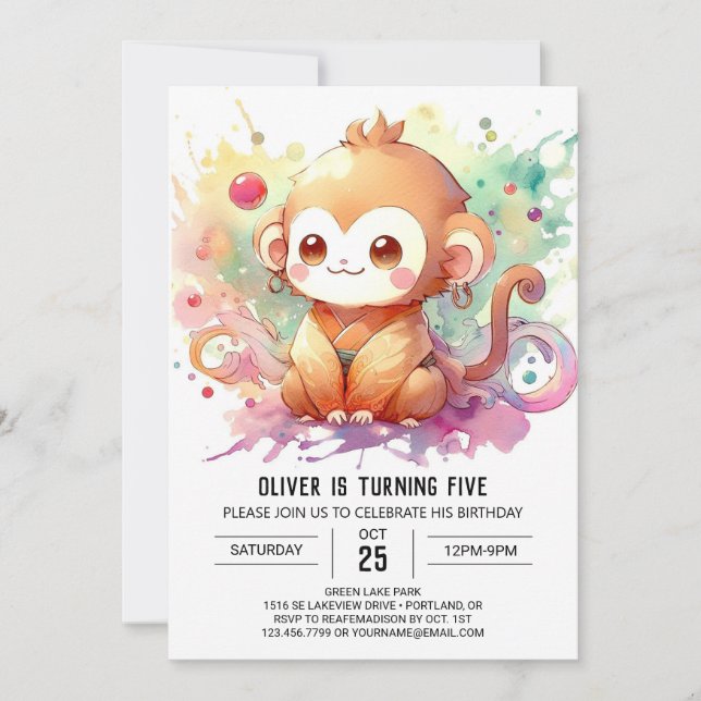 Invitación Cumpleaños de Monos Modernos y Editables (Anverso)