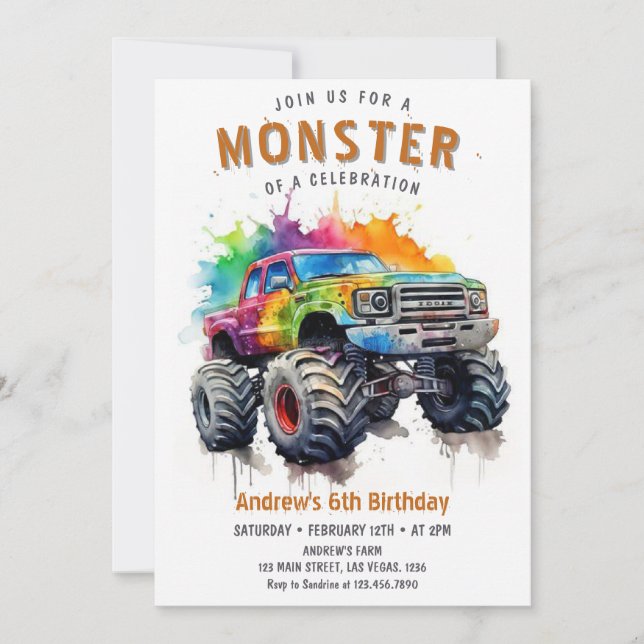 Invitación Cumpleaños de Monster Truck (Anverso)