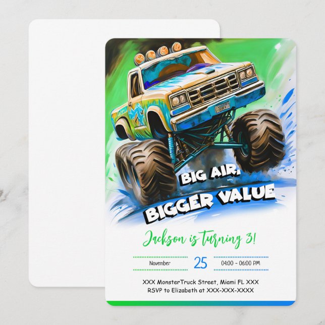 Invitación Cumpleaños de Monster Truck (Anverso / Reverso)