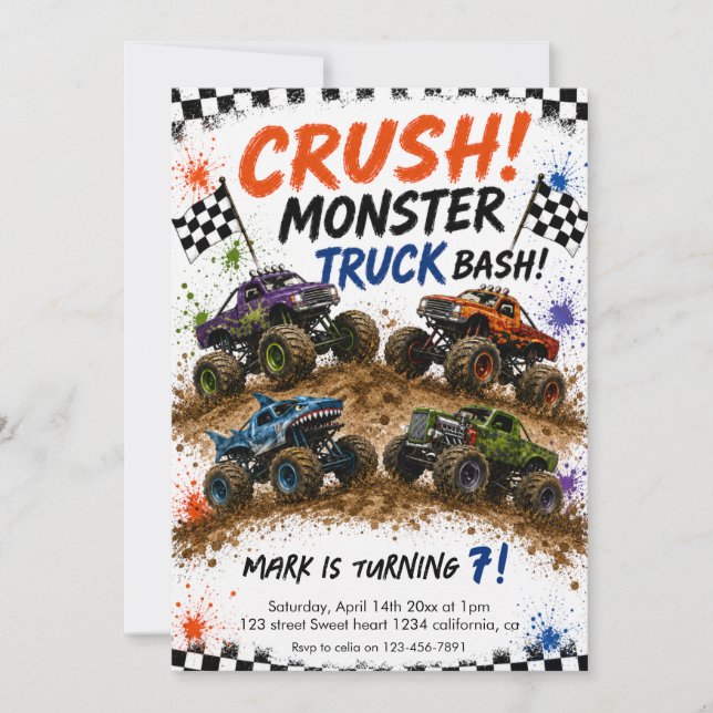 Invitación Cumpleaños de Monster Truck Bash (Anverso)